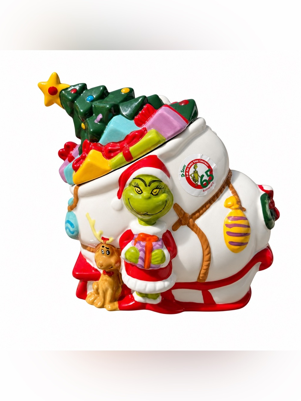 Dr Seuss Grinch 65th Anniversary Ceramic Cookie Jar & Max Sleigh Christmas Zrike